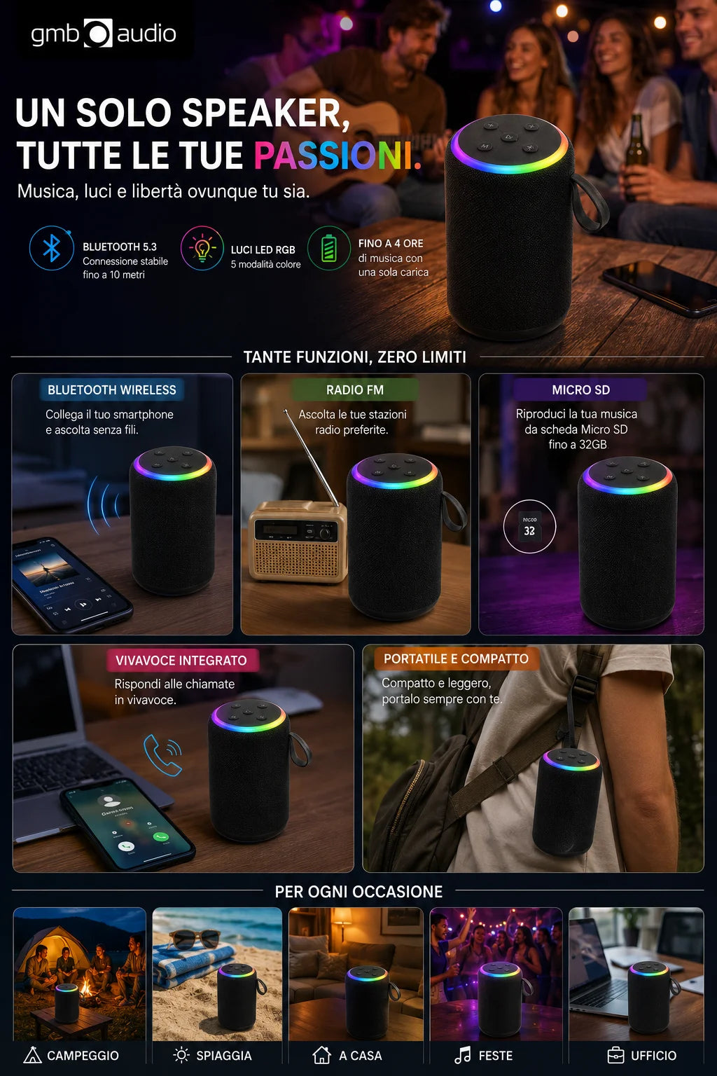 GMB Audio Mini Speaker Bluetooth RGB Portatile