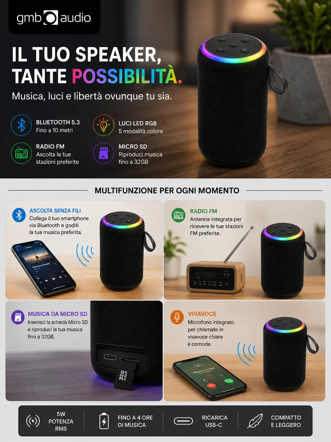 GMB Audio Mini Speaker Bluetooth RGB Portatile