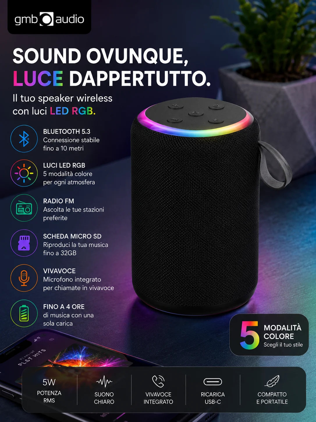 GMB Audio Mini Speaker Bluetooth RGB Portatile