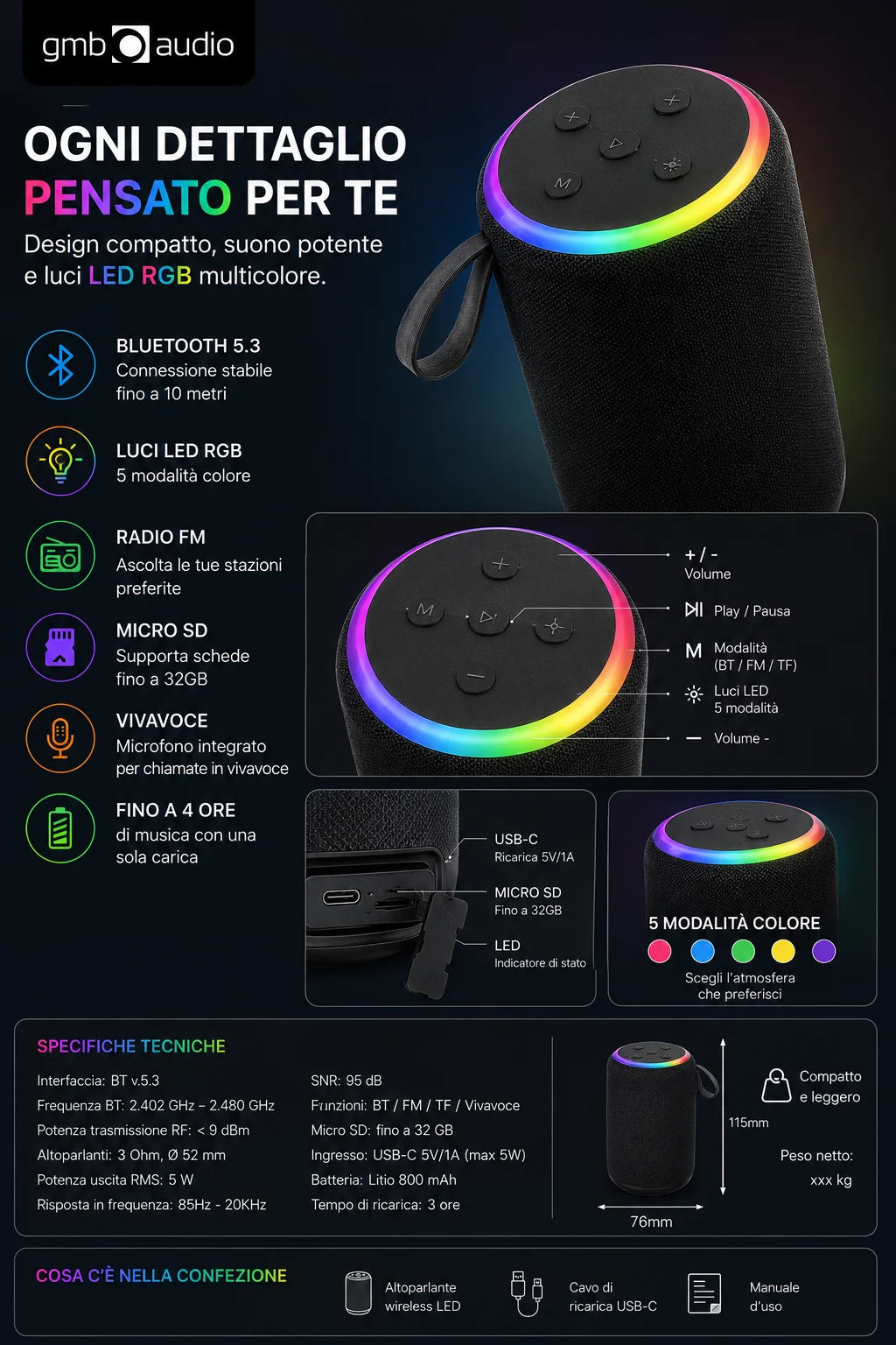 GMB Audio Mini Speaker Bluetooth RGB Portatile