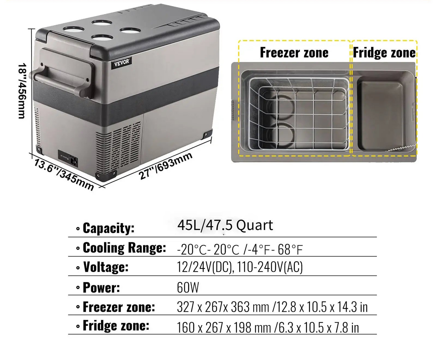 VEVOR Frigorifero Portatile 12V/24V e 110-240V – Da 20 a 58 Quart