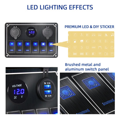 Pannello Interruttori LED in Alluminio 12V/24V con USB e Voltmetro
