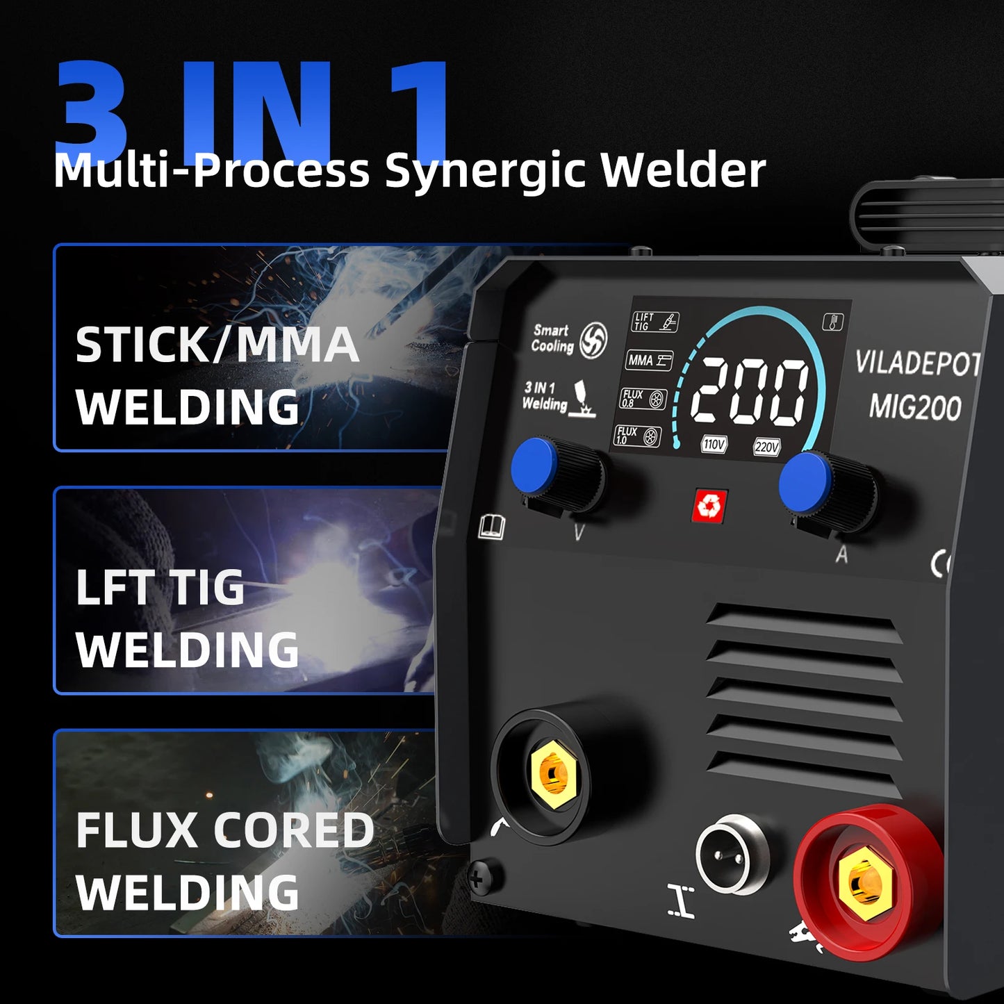 Viladepot MIG200 – 3 in 1 Gasless MIG/MMA/Lift TIG Semi-Automatic Welder