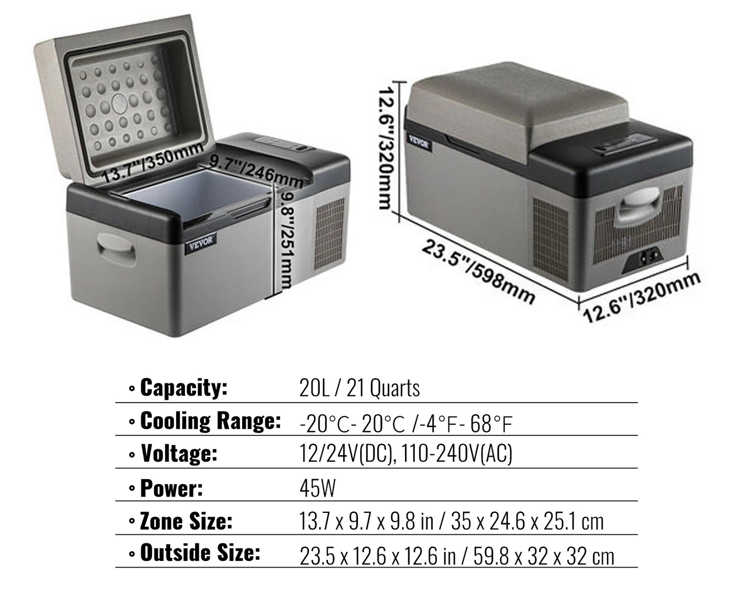 VEVOR Frigorifero Portatile 12V/24V e 110-240V – Da 20 a 58 Quart