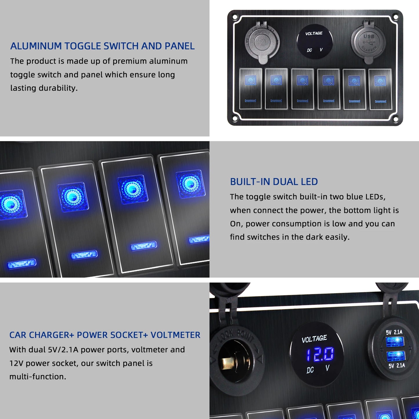 Pannello Interruttori LED in Alluminio 12V/24V con USB e Voltmetro