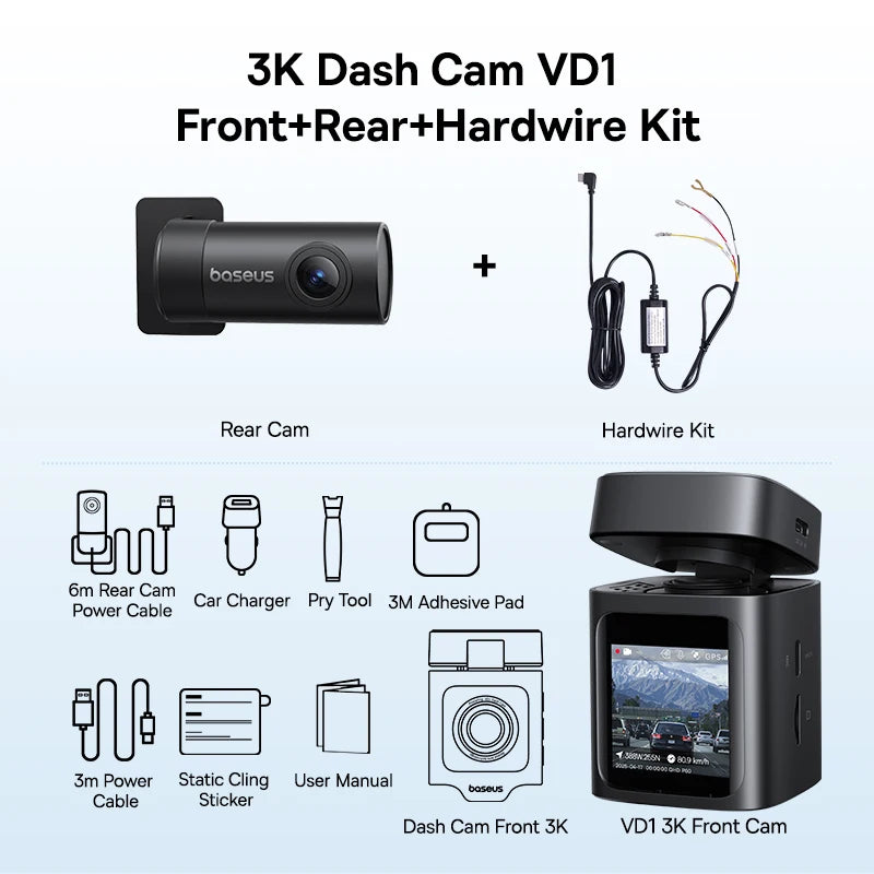 Baseus 3K Front + 1080P Rear Dash Cam VD1