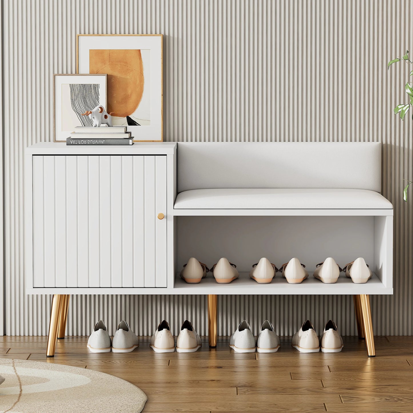 Scarpiera di Lusso Moderna Bianca e Oro con Panca Imbottita
