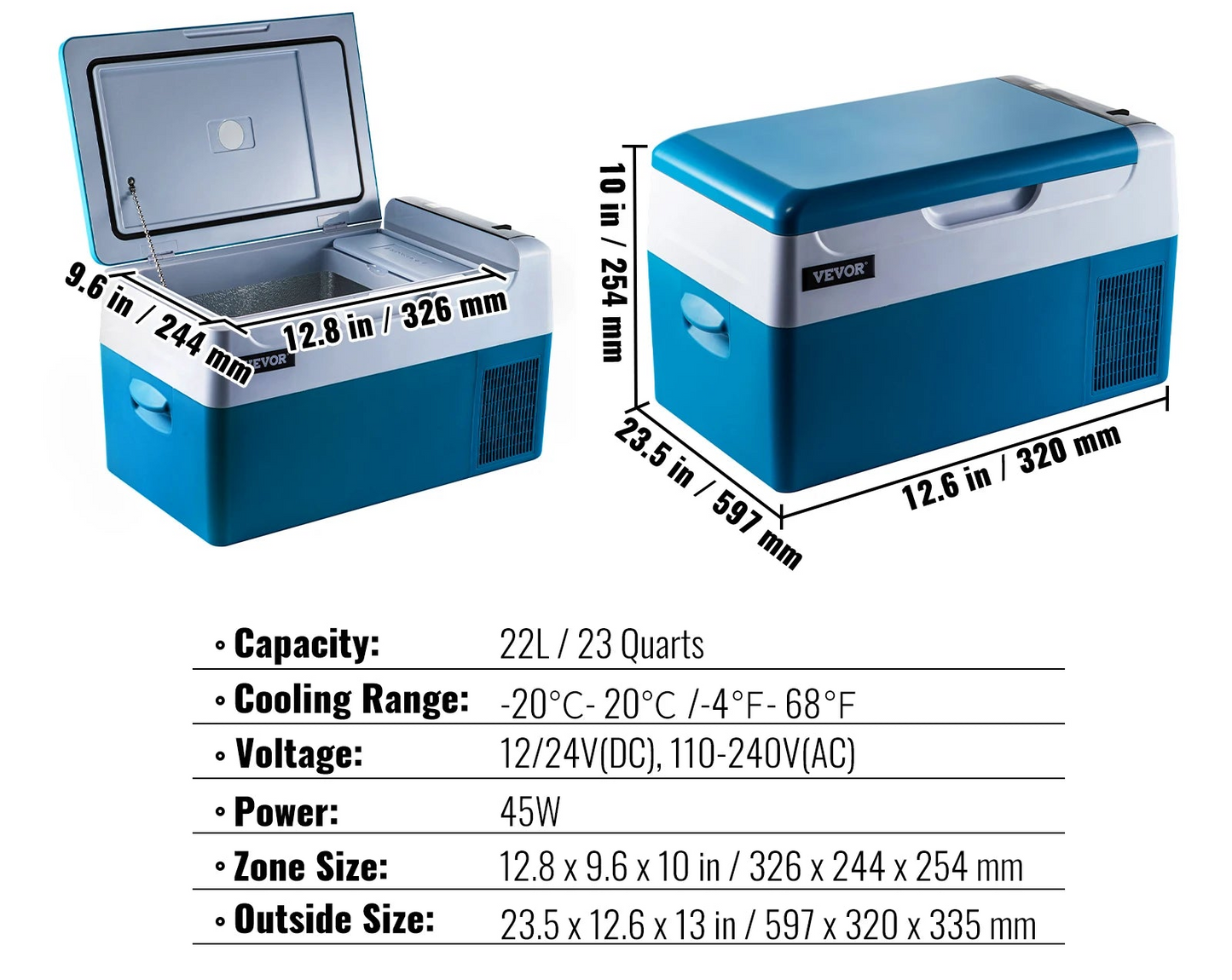 VEVOR Frigorifero Portatile 12V/24V e 110-240V – Da 20 a 58 Quart