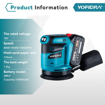 YOFIDRA Levigatrice Orbitale 125mm Cordless 18V