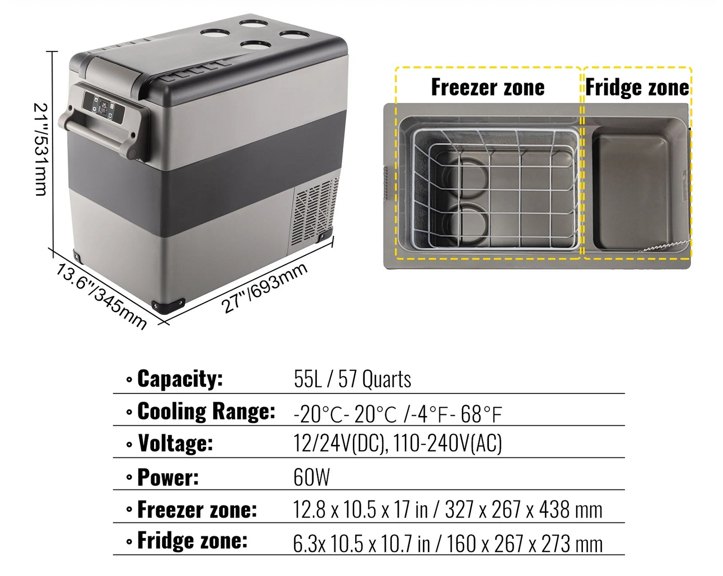 VEVOR Frigorifero Portatile 12V/24V e 110-240V – Da 20 a 58 Quart